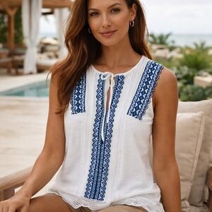 Anthropologie Embroidered Tie Neck Sleeveless Top White Blue XS Vacation Cruise